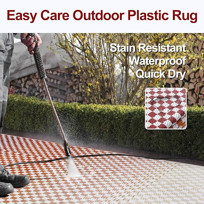 Wonnitar Waterproof 8x10 Outdoor Rug - Orange Red Ombre Checkered Patio Rug, Large Reversible Outside Mat for RV Deck Balcony, Lightweight Colorful Outdoor Camping Carpet