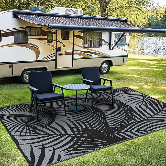 GENIMO Outdoor Rug 5' x 8' Waterproof for Patio Clearance, Reversible Plastic Straw Camping Carpet, Lightweight Mats for Rv, Backyard, Deck, Porch, Picnic, Beach, Balcony, Mix-Black & Gray