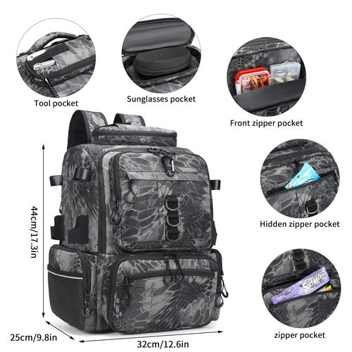 Rabjen Fishing Tackle Backpack, 45L Storage Waterproof Travel Bag Store Fishing Gear with Insulated Top Pocket