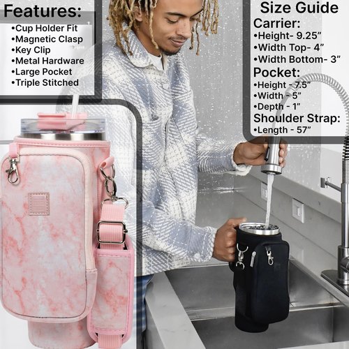Made Easy Kit Cup Tumbler & Carrier Cell Pocket - Water, Tea, Coffee, Juice - Neoprene Sleeve Pouch Shoulder Strap - Stainless Steel Vacuum Insulated Bottle, Lid, Straw, Carabiner (Pink Marble, 40oz)