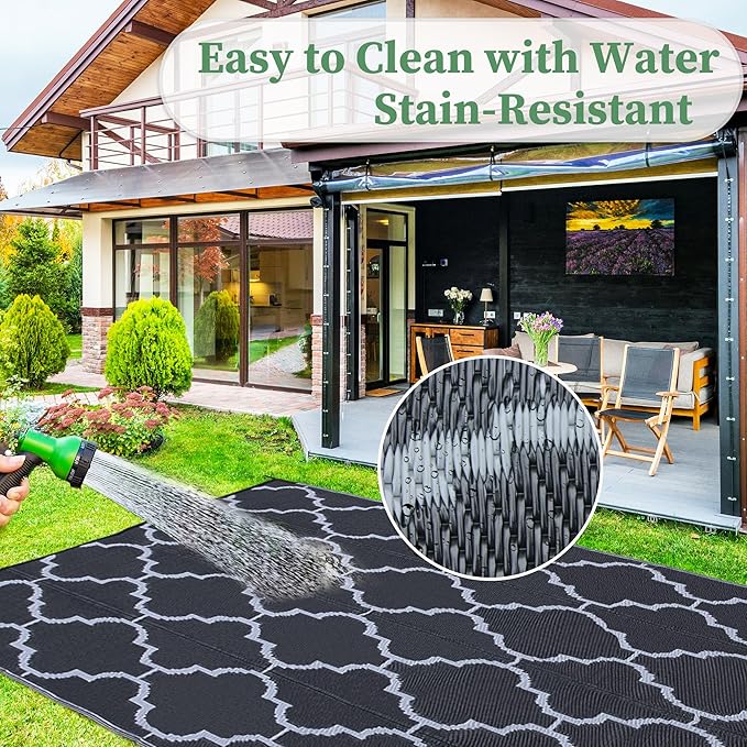Ogrmar 9x12 FT Reversible Mats, Outdoor Rug for Patio Clearance, Waterproof Carpet, Plastic Straw Rug for Indoor Outdoor, Floor Mat&Rug for RV Porch Camping Backyard Deck Balcony Beach Trailer (Black)