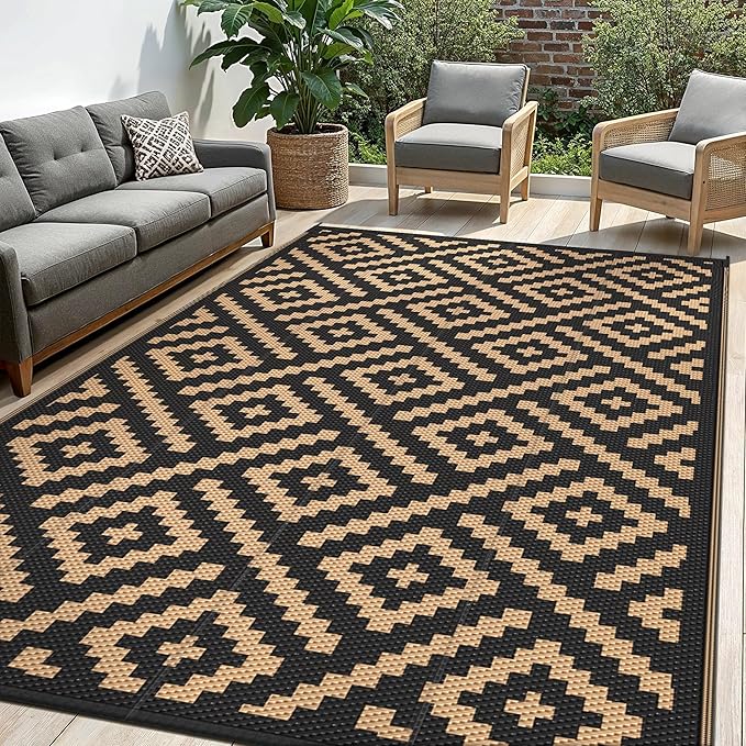 Outdoor Rug for Patio - Waterproof Plastic Straw Camping Rugs 8x10 ft, Reversible Outdoor Indoor RV Mat Carpet for Patio, Porch, Deck, Balcony, Picnic, Beach, Black Brown
