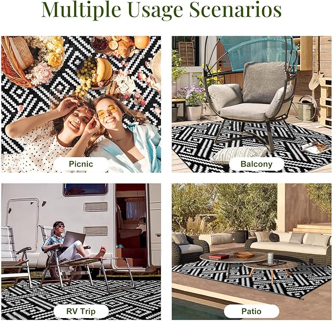 OPPODREAM Outdoor Rug 9x12 Patio Waterproof, Large Outdoor Plastic Straw Rug, Reversible Out Door Carpet for Camping, Deck, Rv, 9 x 12 Area Carpet for Balcony, Porch, Backyard, Black and White