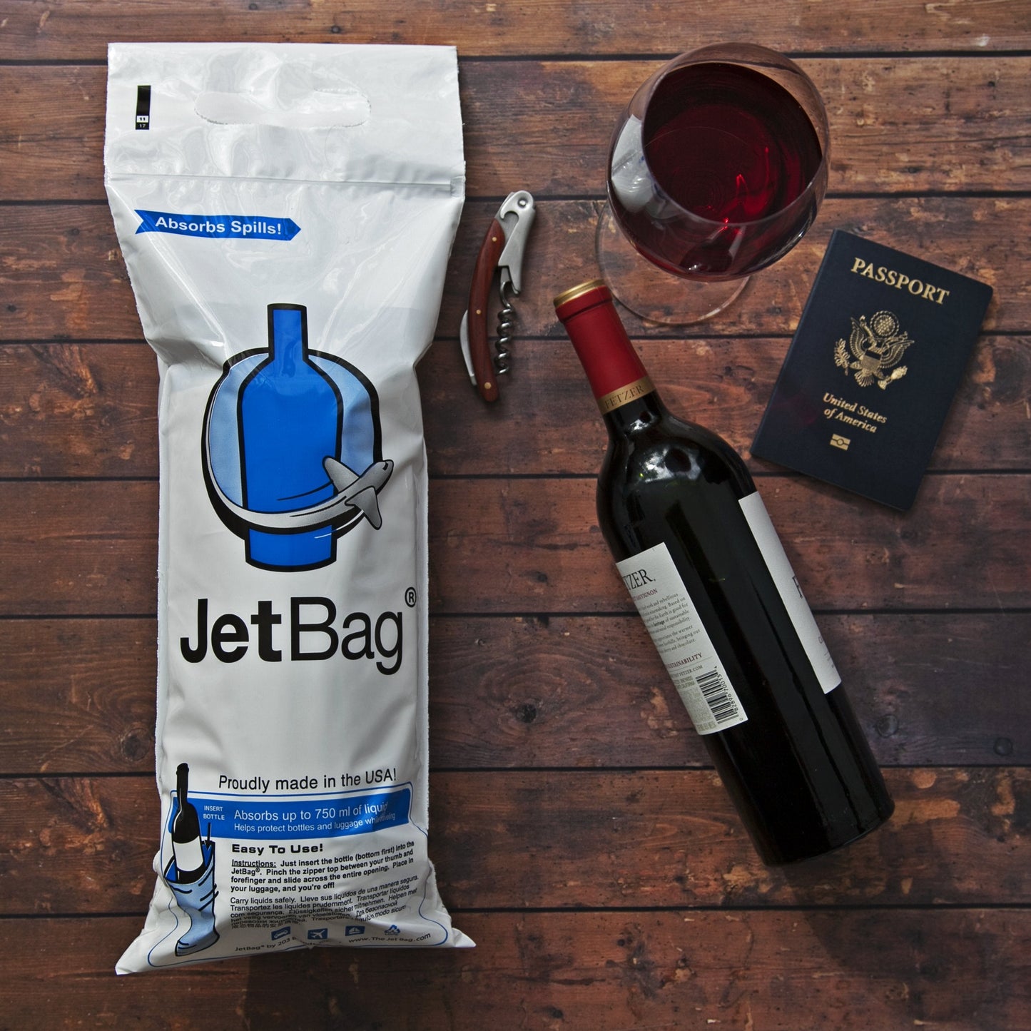 JetBag Travel Wine Bag (Set of 3, US Flag Pattern) - The Original Absorbent, Reusable & Protective Wine Bottle Bag - Made in the USA