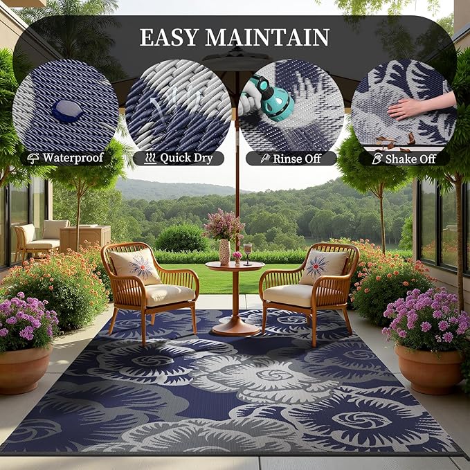 MontVoo Outdoor Rug-Waterproof Patio Rug Mat 5x8 Outdoor Carpet Mat Reversible Plastic Straw Outside Outdoor Rug for RV Camping Picnic Beach Balcony Backyard Pool Deck Farmhouse Floral Navy Blue