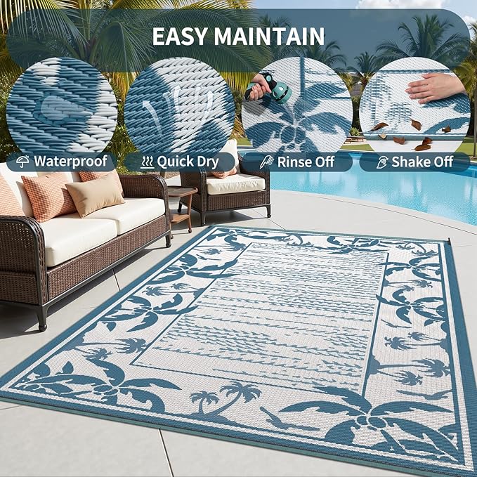 COCOER Outdoor-Rug 6x9 ft Waterproof Reversible Outdoor Plastic Straw Rug RV Indoor Outdoor Carpet Quick Dry Patio Rug Camping Mat for Balcony Backyard Picnic Beach-Blue&White