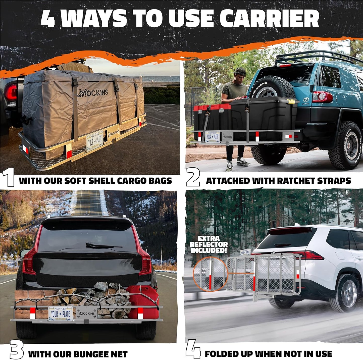 Mockins 60"x20"x6" Folding Trailer Hitch Cargo Carrier w/ 20 Cu.Ft. Waterproof Cargo Bag for Hitch Carrier | 500 Lbs. Capacity Weatherproof Luggage Rack for SUV Car & Truck w/Car Trailer Accessories