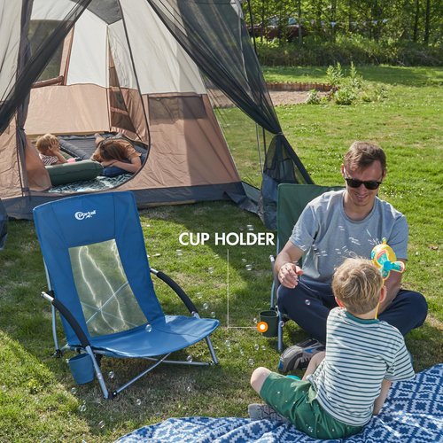PORTAL Beach Chairs for Adults High Back Low Folding Camping Chair Portable Lightweight with Cup Holder for Travel, Concert, Lawn, Festival, Support 400lbs, Navy Blue