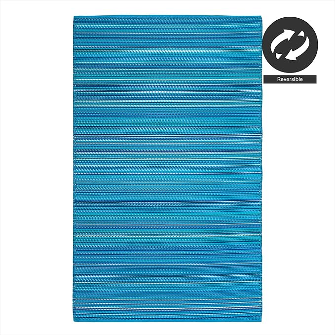 FH Home Outdoor Rug - Waterproof, Fade Resistant, Reversible - Premium Recycled Plastic - Striped - Porch, Deck, Balcony, Mudroom, Laundry Room, Patio - Havana - Turquoise Crease Free - 3 x 5 ft