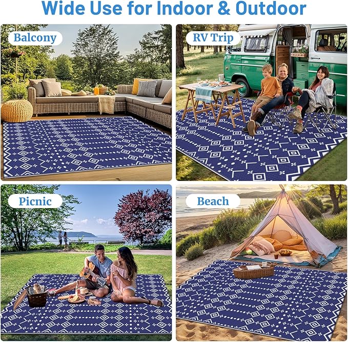 StepRite 8’ x 10’ Reversible Outdoor Rug, Waterproof Plastic Straw Rug, Patio Rug, Large Modern Area Rug Carpet, Indoor Outdoor Rugs for Camping, Porch, Deck, Balcony, Backyard, RV, Picnic(Blue)