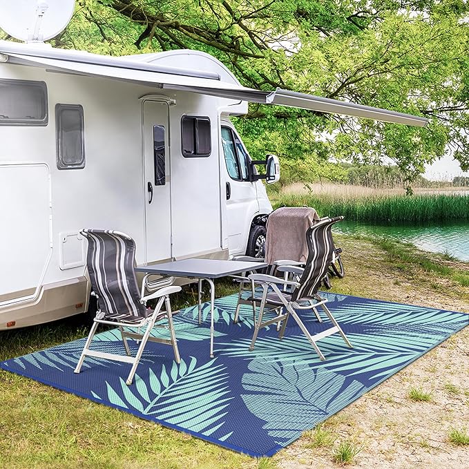 GENIMO Outdoor Rug 8' x 10' Waterproof for Patios Clearance, Reversible Outdoor Plastic Straw Camping Rug Carpet, Large Area Rugs Mats for RV, Camper, Deck, Balcony, Porch, Beach Royal Blue&Blue Green