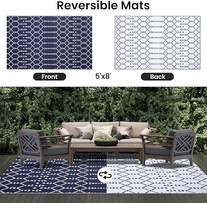 Smiry Outdoor Rug 5x8 ft, Waterproof Reversible Plastic Straw Rugs, Boho Outdoor Area Rug, Outside Floor Mat for Patio, Backyard, Deck, Picnic, Beach, Camping, Navy