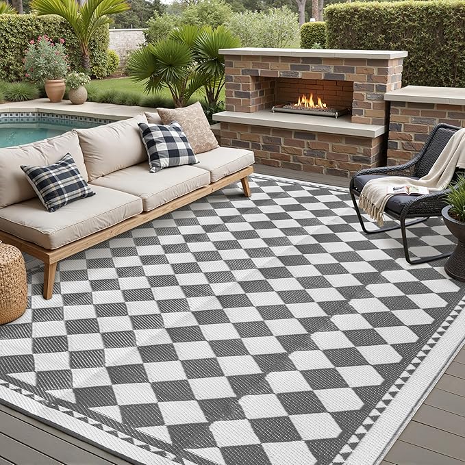 Outdoor Waterproof Rug 8'x10' Plastic Straw Rugs Washable Reversible Floor Mat Grey Plaid Carpet for Camping RV Deck Entryance Porch Picnic Balcony Beach Backyard
