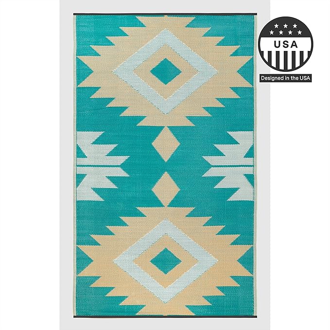FH Home Outdoor Rug - Waterproof, Fade Resistant, Reversible - Premium Recycled Plastic - Geometric - Patio, Deck, Porch, Balcony - Bursa Kilim - Teal Crease Free - 4 x 6 ft
