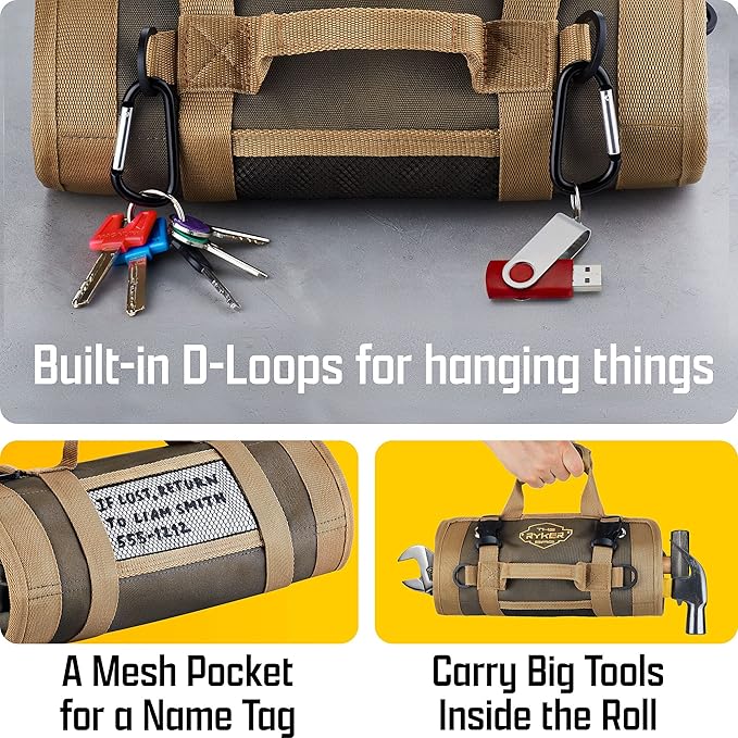 The Ryker Roll Up Tool Bag Organizer Gifts for Dad. Heavy Duty Motorcycle Tool Roll Bag Organizer. Portable Rollup Toolbag w/Detachable Pouches - Tools Bags Mens gifts for him/Mechanic (Khaki+Black)