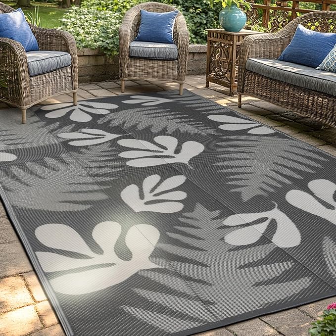 wikiwiki Outdoor Rug, 6x9ft Waterproof Reversible Mat Indoor Outdoor Rugs Carpet, Small Area Rug Plastic Straw Rug for Patio Deck Balcony Pool RV Camping Beach Picnic, Grey Leaves, Rugscape Series