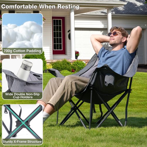RELAX FIELD Oversized Camping Chair, Portable Folding Padded Camp Chairs with Side Pocket, Cup Holder, Heavy Duty Support 500LBS Outdoor Lounge Chair for Adults, Fishing, Sports, Trip, Grey