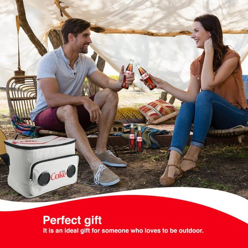 Diet Coke Cooler Bag with Built-In Bluetooth Stereo Speakers, Multi-Zipped Pockets, 24 Can Capacity, Adjustable Shoulder Strap, 12 Hours of Insulated Cooling and Freshness, for Camping, Fishing, Beach