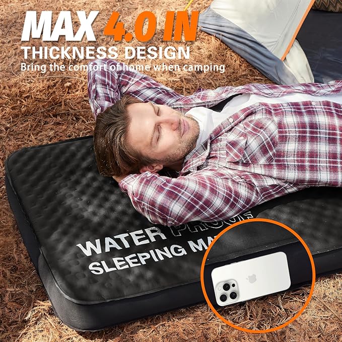 Self Inflating Sleeping Pad, 4in Ultra-Thick Foam Camping Single Mattress with Air Pump Sack, Sleeping Mats for Adults Inflatable Camping Pad Mattress, Cot Bed, Travel, Car, Tent, Home, Black
