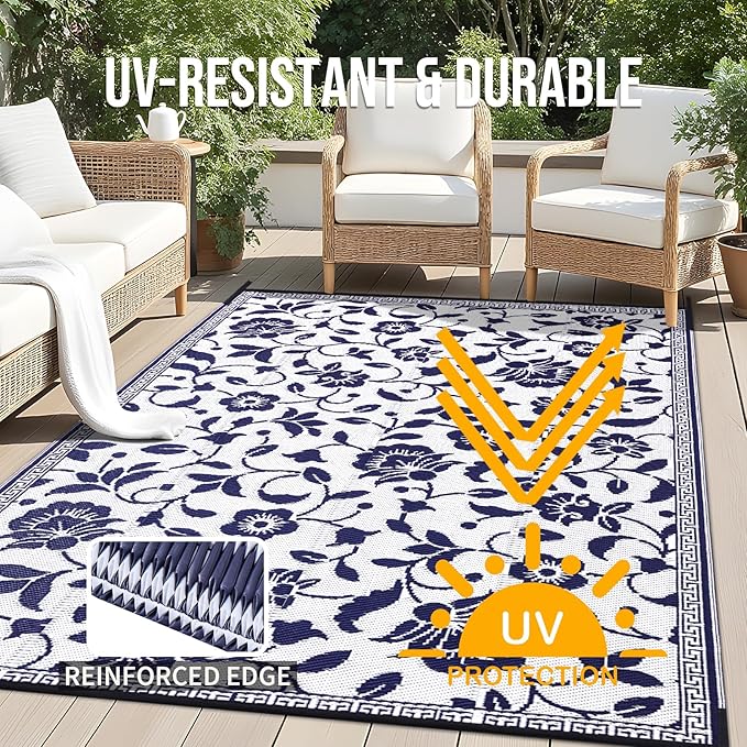OLANLY Waterproof Outdoor Rug 6x9 ft, Outdoor Plastic Straw Rug with Flower Pattern, Reversible RV Mat for Patio, Camping, Balcony, Deck, Backyard, Navy & White