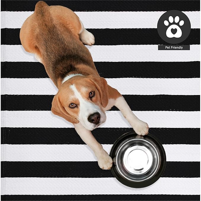 FH Home Outdoor Camping Rug - Waterproof, Fade Resistant, Reversible - Premium Recycled Plastic - Striped - Large Patio, Deck, Sunroom, RV - Brittany Stripe - Black & White - 9 x 18 ft Foldable