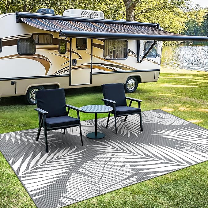 Outdoor Rug 8' x 10' for Patio Waterproof Clearance, Reversible Indoor Outdoor Plastic Straw Camping Rug Carpet, RV Mat, Large Area Rug for Deck, Backyard, Balcony, Porch, Beach,Grey and White