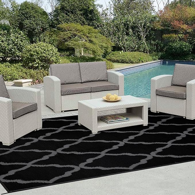 Easy-Going Reversible Outdoor Rugs 9x12ft Waterproof Plastic Straw Rug Stain & UV Resistant Floor Mat for Patio Porch RV Backyard Pool Deck Picnic Beach Trailer Camping (Moroccan Black & Grey)
