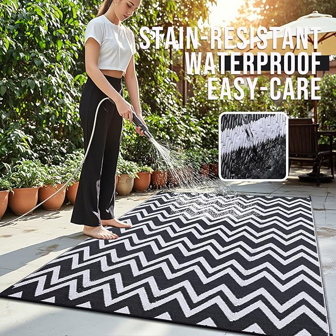 OLANLY Waterproof Outdoor Rug 8x10 ft Clearance, Reversible Outdoor Plastic Straw Rug, RV Mat, Indoor Outdoor Carpet for Patio, Camping, Balcony, Deck, Backyard, Black & White