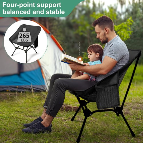 Lightweight Camping Chairs with Adjustable Height, Portable Camping Chairs for Adults with Carry Bag and Side Pockets, Folding Chairs for Outside for Camping, Beach, Fishing, Trip, Picnic (Black)