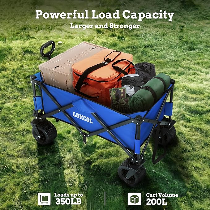 LUXCOL Collapsible Folding Wagon, Heavy Duty Utility Beach Wagon Cart for Sand with Big Wheels, Adjustable Handle&Drink Holders for Shopping, Camping,Garden and Outdoor