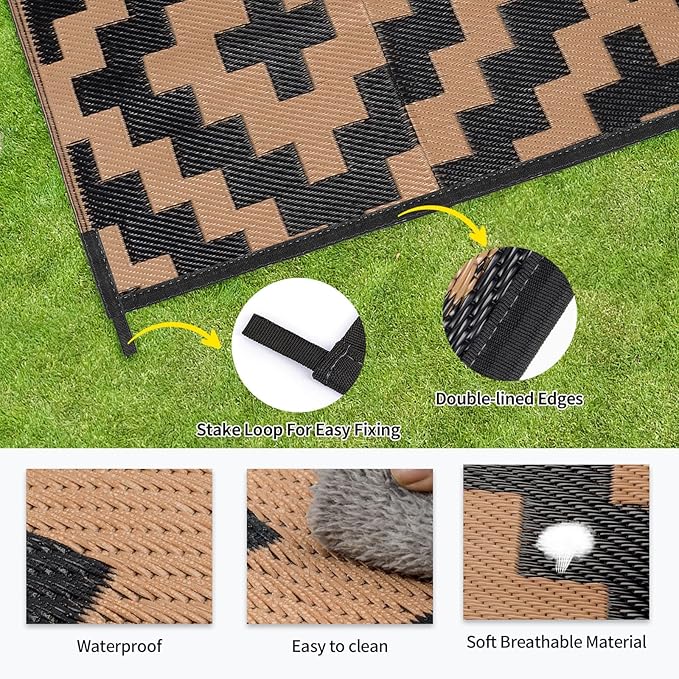 Outdoor Patio Plastic Straw Rug - 4'x6' Outdoor Camping Rug Waterproof Reversible, Area Carpet Patios Clearance RV, Outside Porch Balcony Deck for Camper, Black & Brown