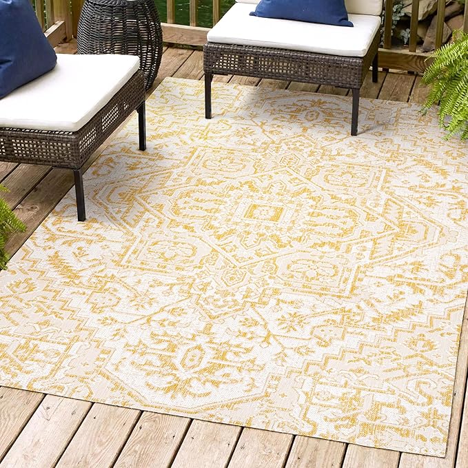 JONATHAN Y SMB105H-5 Estrella Bohemian Medallion Textured Weave Indoor Outdoor Area-Rug, Coastal Traditional Easy-Cleaning,Bedroom,Kitchen,Backyard,Patio,Non Shedding, 5 X 8, Cream/Yellow