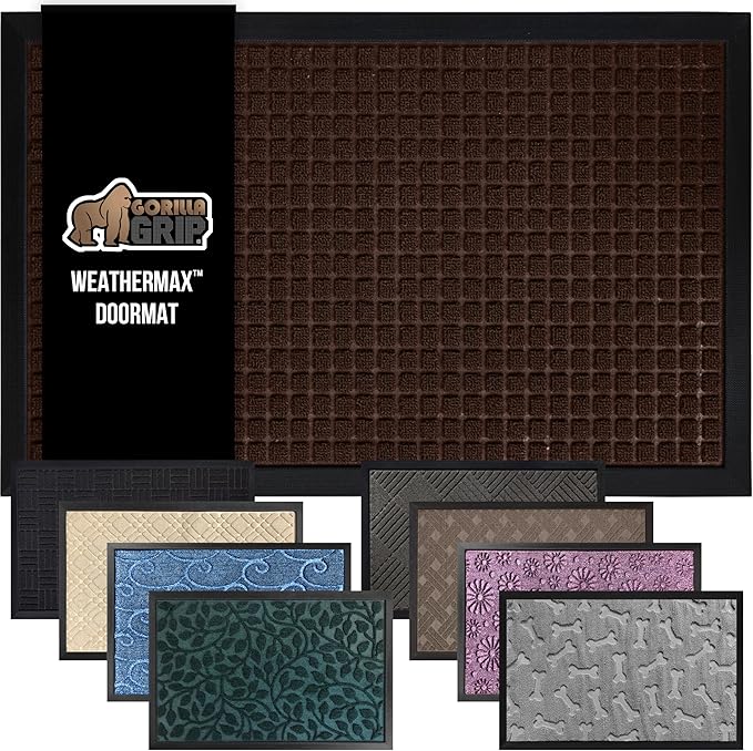 Gorilla Grip 100% Waterproof All-Season WeatherMax Doormat, Durable Natural Rubber, Stain and Fade Resistant, Low Profile, Indoor Outdoor Doormats, Easy Clean Patio Entrance Mat, 17x29, Coffee Square