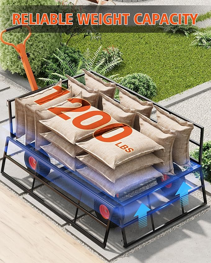 Heavy Duty 1200 Lbs Capacity Steel Garden Cart, Metal Utility Garden Carts and Wagons, with Removable Mesh Sides to Convert Into Flatbed, 2-In-1 Handle and 13" Tires