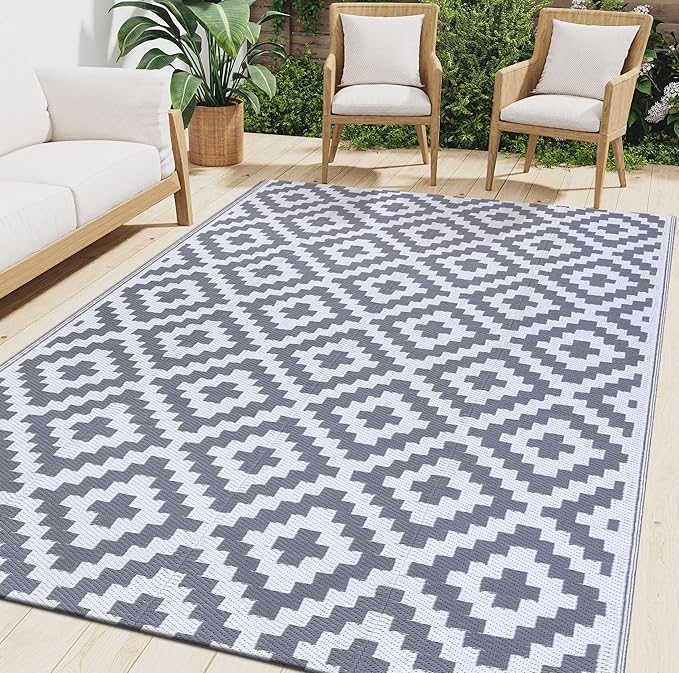 Smiry Waterproof Outdoor Rug 8x10 ft, Reversible Plastic Straw Patio Camping Rugs, Outdoor Indoor RV Mat Carpet for Patio, Outside Entry, Backyard, Deck, Bench, Picnic, Camper, White & Grey