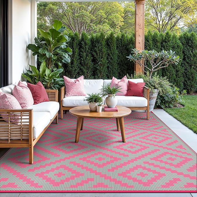 GENIMO Outdoor Rug for Patio Clearance, 6'x9' Reversible Plastic Straw Rugs, Lightweight Waterproof RV Camping Mat for Camper, Balcony, Deck, Backyard, Picnic, Pink & Grey