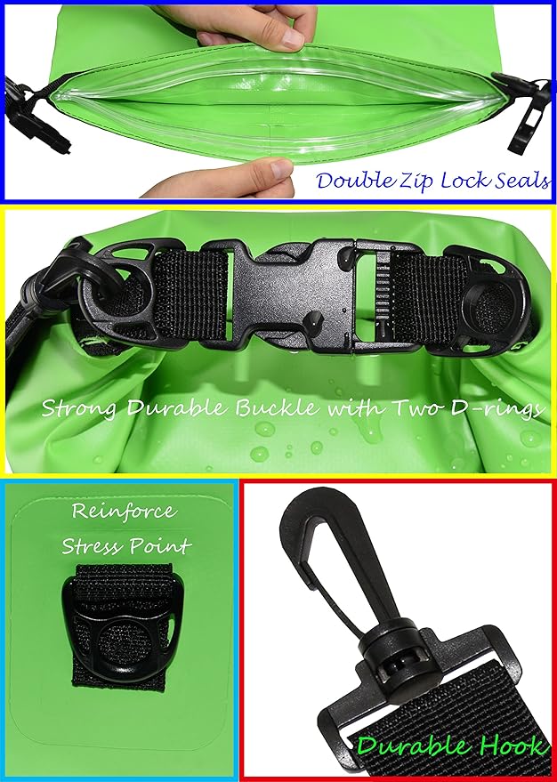 Waterproof Dry Bags Set Of 3 Dry Bag With 2 Zip Lock Seals & Detachable Shoulder Strap, Waist Pouch & Phone Case - Can Be Submerged Into Water - For Swimming (Green, 5L)