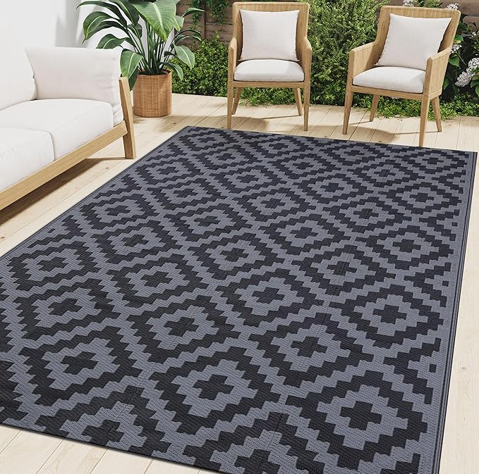 Smiry Waterproof Outdoor Rug 8x10 ft, Reversible Plastic Straw Patio Camping Rugs, Outdoor Indoor RV Mat Carpet for Patio, Outside Entry, Backyard, Deck, Bench, Picnic, Camper, Black & Grey