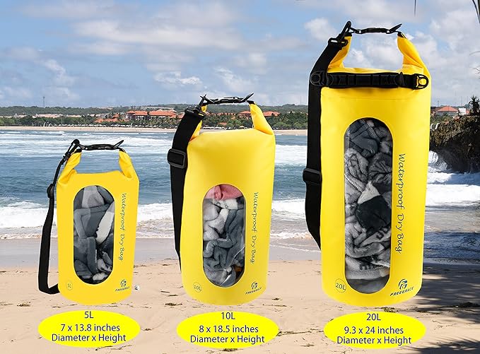 Waterproof Dry Bags Set Of 3 Dry Bag With 2 Zip Lock Seals & Detachable Shoulder Strap, Waist Pouch & Phone Case - Can Be Submerged Into Water - For Swimming (Yellow(Window), 5L)