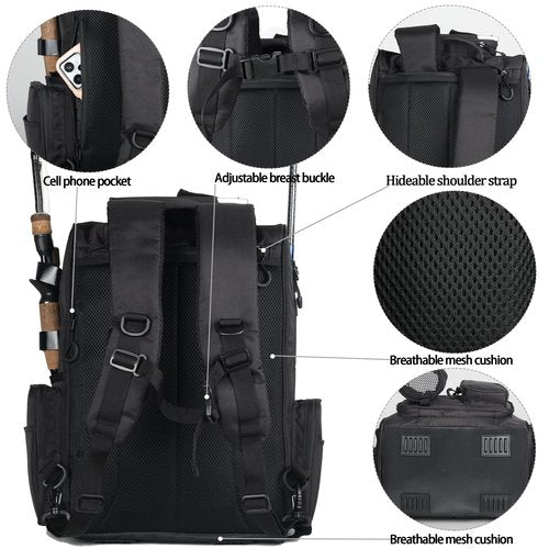 LEOMOO Fishing Tackle Backpack With Rod Holders, 40L Large Backpack for Fishing, Camping, Hiking