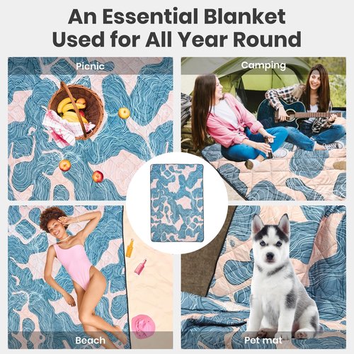 sheelokhwui Waterproof Outdoor Blanket, 79" x 55" Large Packable Picnic Blankets, Foldable Picnic Mat for Park, Lawn, Grass, Beach, Concert (Abstract Line)