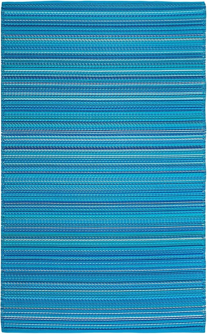 FH Home Outdoor Rug - Waterproof, Fade Resistant, Reversible - Premium Recycled Plastic - Striped - Porch, Deck, Balcony, Mudroom, Laundry Room, Patio - Havana - Turquoise Crease Free - 3 x 5 ft