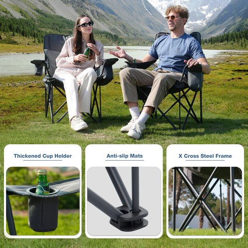 RELAX FIELD Oversized Folding Camping Chair, Heavy Duty Support 500LBS Outdoor Chair with Cup Holder Storage and Cooler Pouch, Collapsible Padded Arm Chair for Sports Garden Beach Fishing, Grey