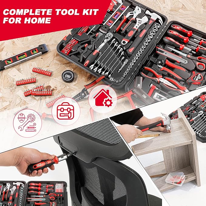 Prostormer 259-Piece Tool Kit, General Household Hand Tool Set with Plastic Storage Toolbox, Portable Complete Repair Tool Box for Home and Car (Red)