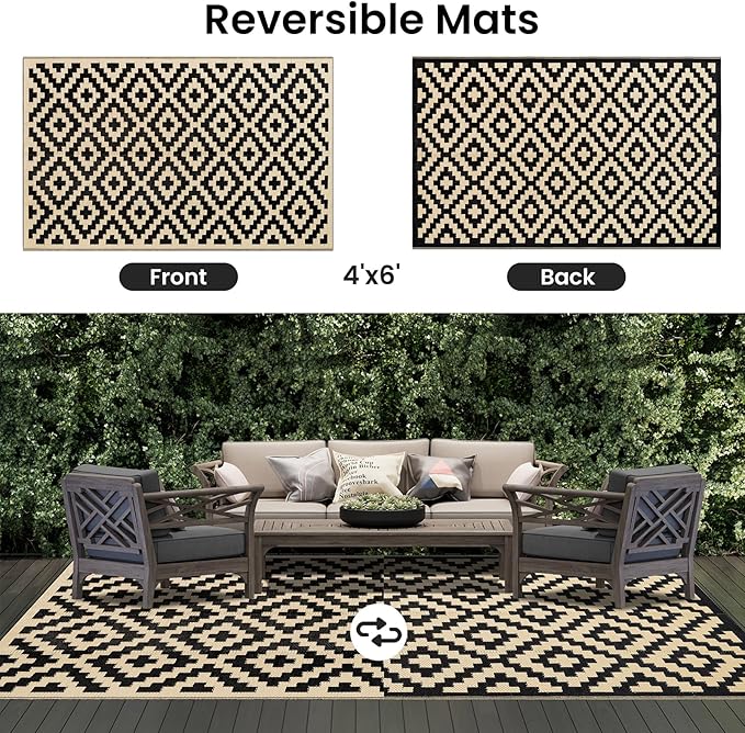 Smiry Waterproof Outdoor Rug 4x6 ft, Reversible Plastic Straw Patio Camping Rugs, Outdoor Indoor RV Mat Carpet for Patio, Outside Entry, Backyard, Deck, Bench, Picnic, Camper, Black & Beige