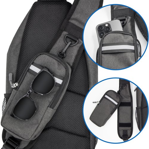 Brazos Crossbody Sling Hiking Daypack, 6 Pocket Design, Removable Phone Compartment, Headphone Accessible Hole, Reversible Shoulder Strap, Hiking Accessory, Grey