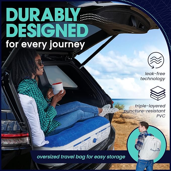 EnerPlex Camping Air Mattress with Built in Pump - Queen Blow Up Mattress for Travel & Guests - Portable Bed for Adults and Kids - Blue