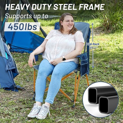 TIMBER RIDGE Oversized Camping Chair with Lumbar Support, Portable Folding Chair Heavy Duty for Adults Supports 450 LBS for Outdoor Camping, Lawn, with High Back, Cup Holder, Side Pocket - Blue