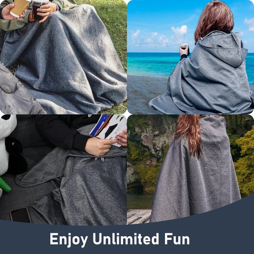 MUEUSS Travel Blankets for Airplane,Train,Car,Soft Compact,Adult Wearable Hoodie Blanket for Office Women,Desk Blanket, Office Chair Blanket Wrap for All Season Use,Camping Blankets 65" x 40",Gray
