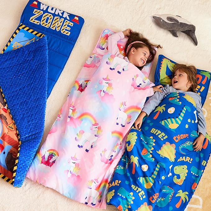 JOIEDOMI Toddler Nap Mat for Preschool 55''x30'' Sleeping Mat with Removable Pillow and Minky Blanket for Kids Ages 3-7 Roll Up Soft Kids Sleeping Bag for Boys Girls Kindergarten Daycare Sleepover